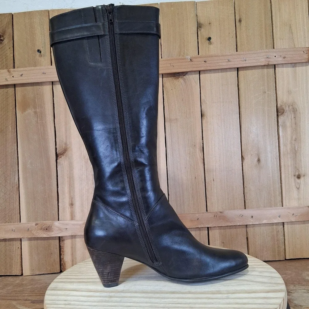 ECCO Hope‎ Tall Boots Womens 9 40 EU Brown Leather Zip Knee High Riding Buckle